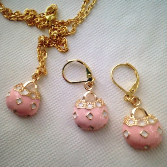 Pink Enamel Purse Necklace and Earrings Set - Picture 5 of 6